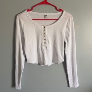 Fct Basics Womens White Ribbed Long Sleeve Henley Crop Top Large